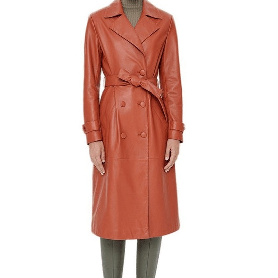 Londyn Orange Long Trench Leather Coat For Women