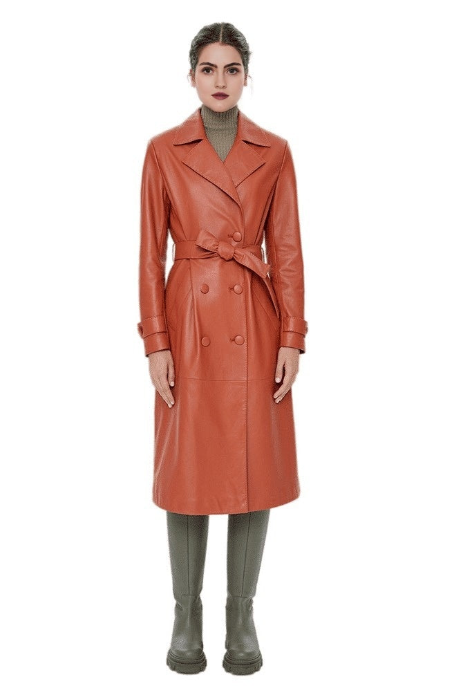 Londyn Orange Long Trench Leather Coat For Women