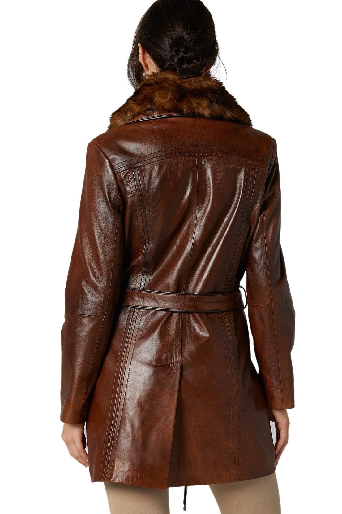Nancy Brown Leather Coat With Fur Collar For Women
