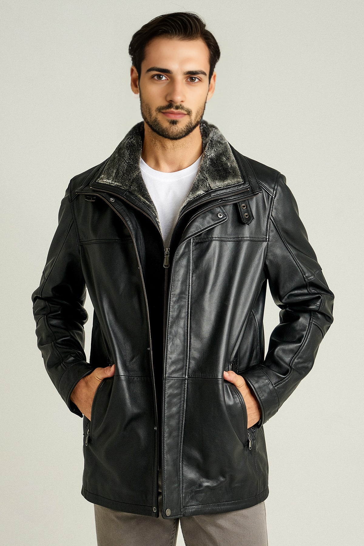 Black Double Collar Furry Leather Coat For Men