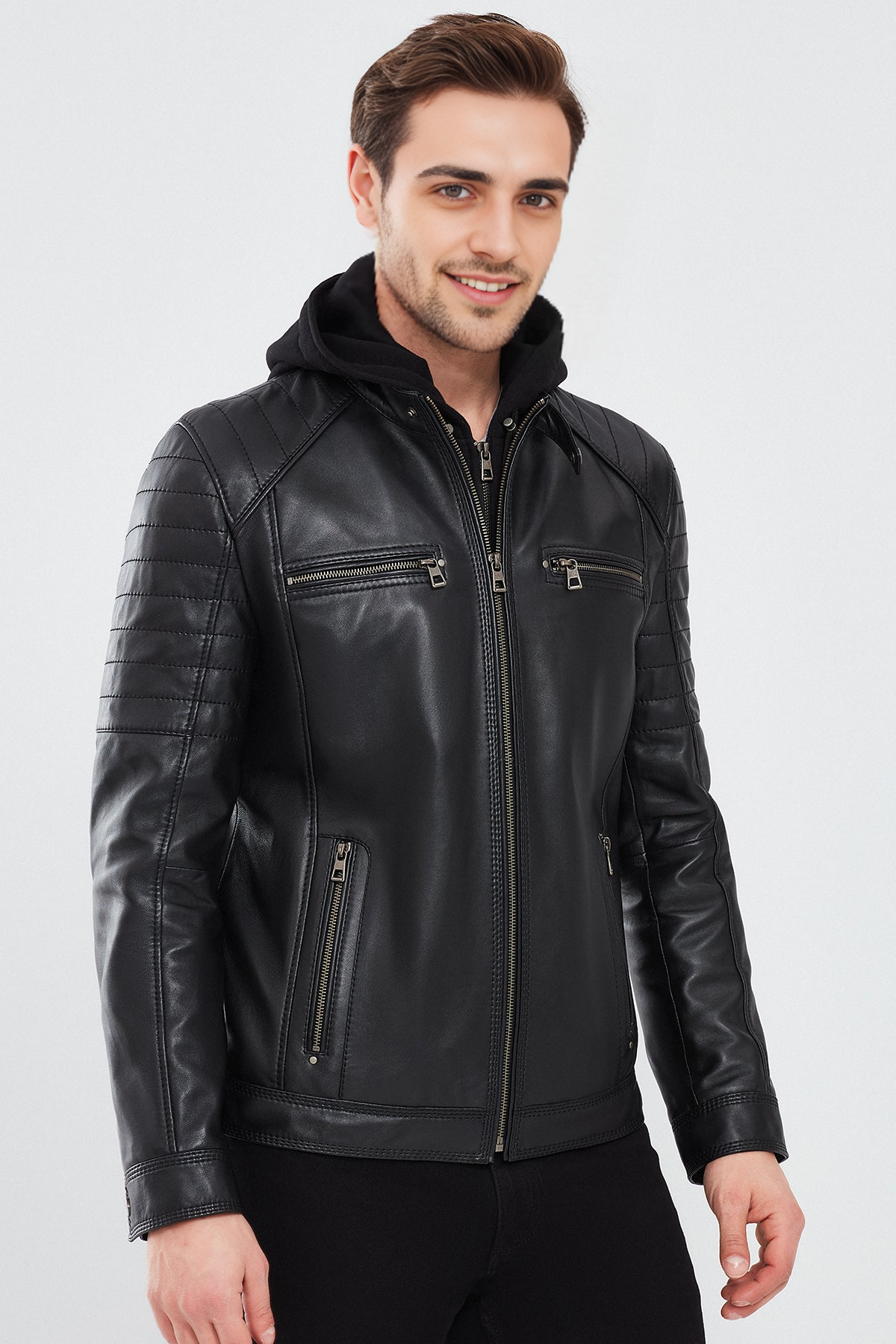 Black Hooded Sports Leather Jacket For Men