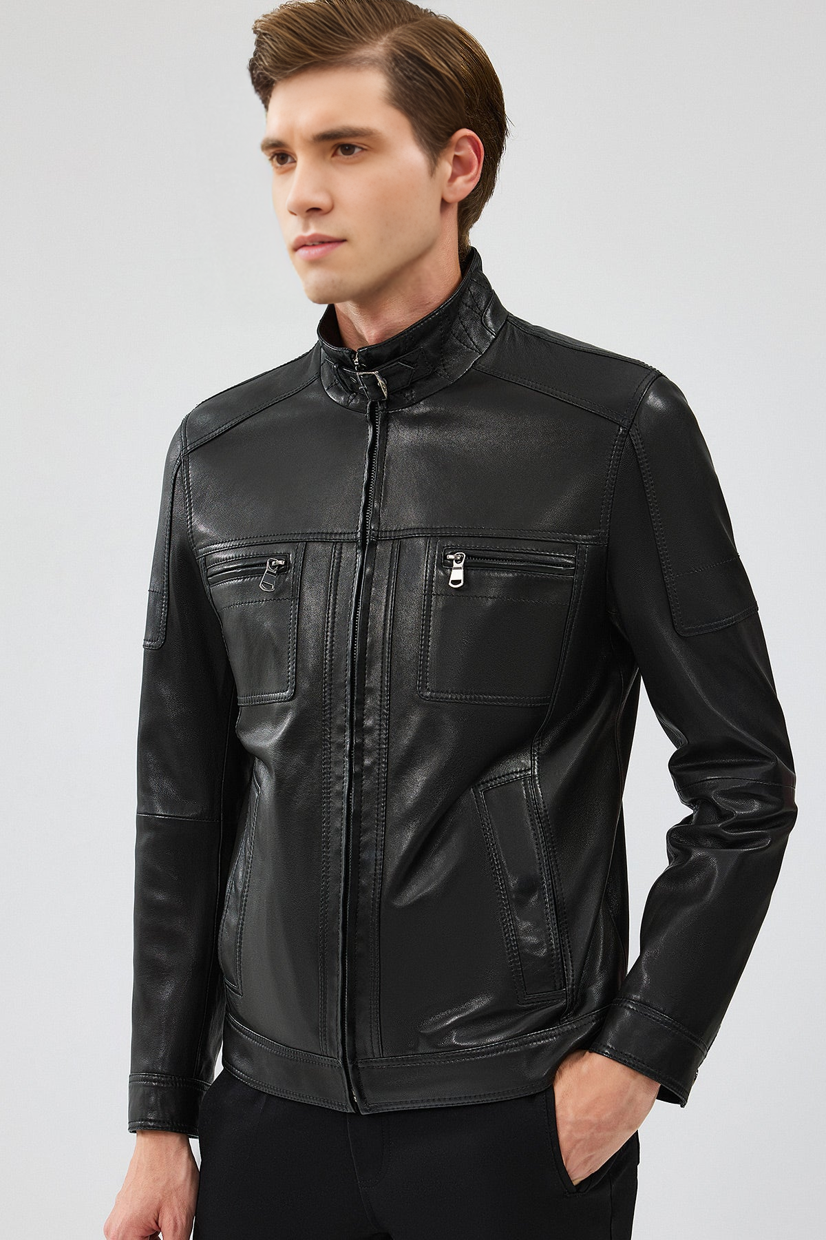 Black Slim-Fit Leather Jacket For Men