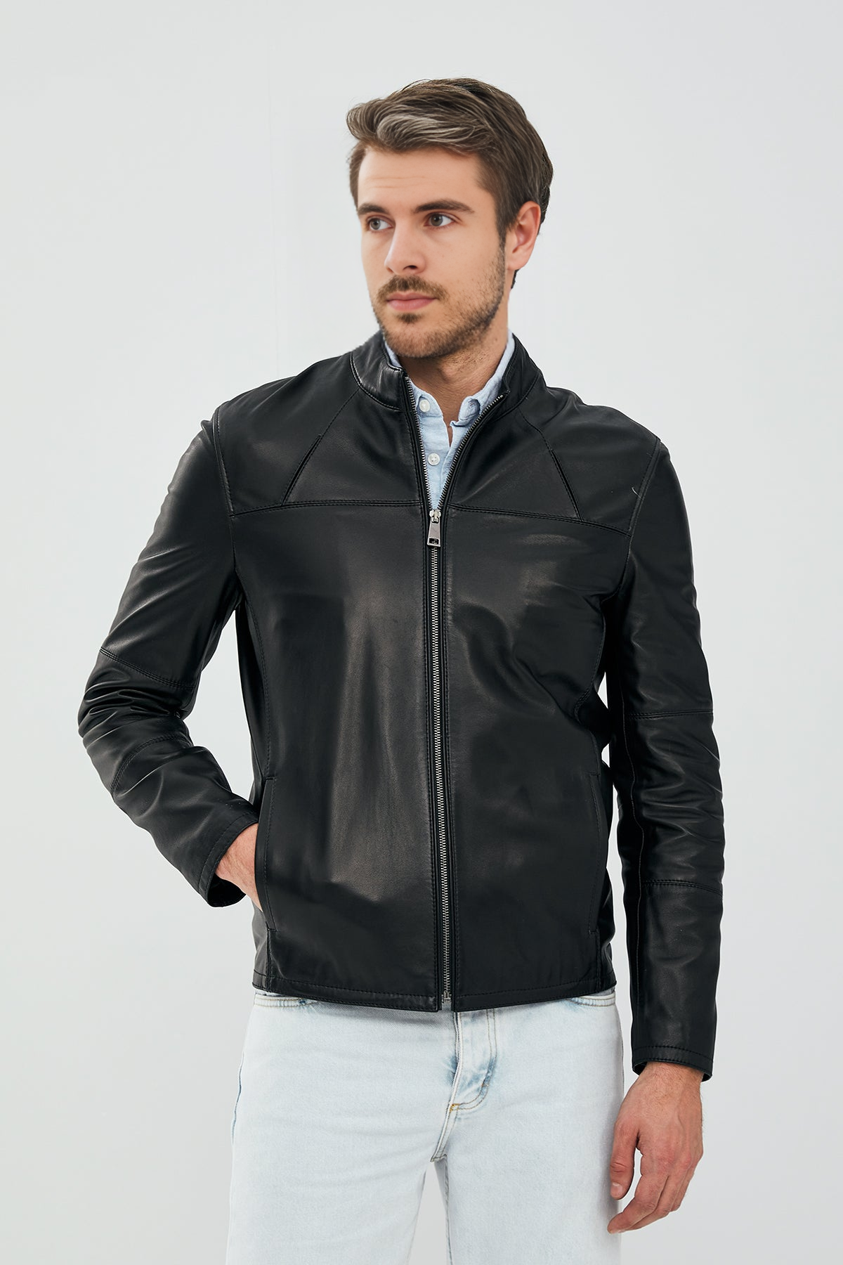 Black SlimFit Short Leather Jacket For Men