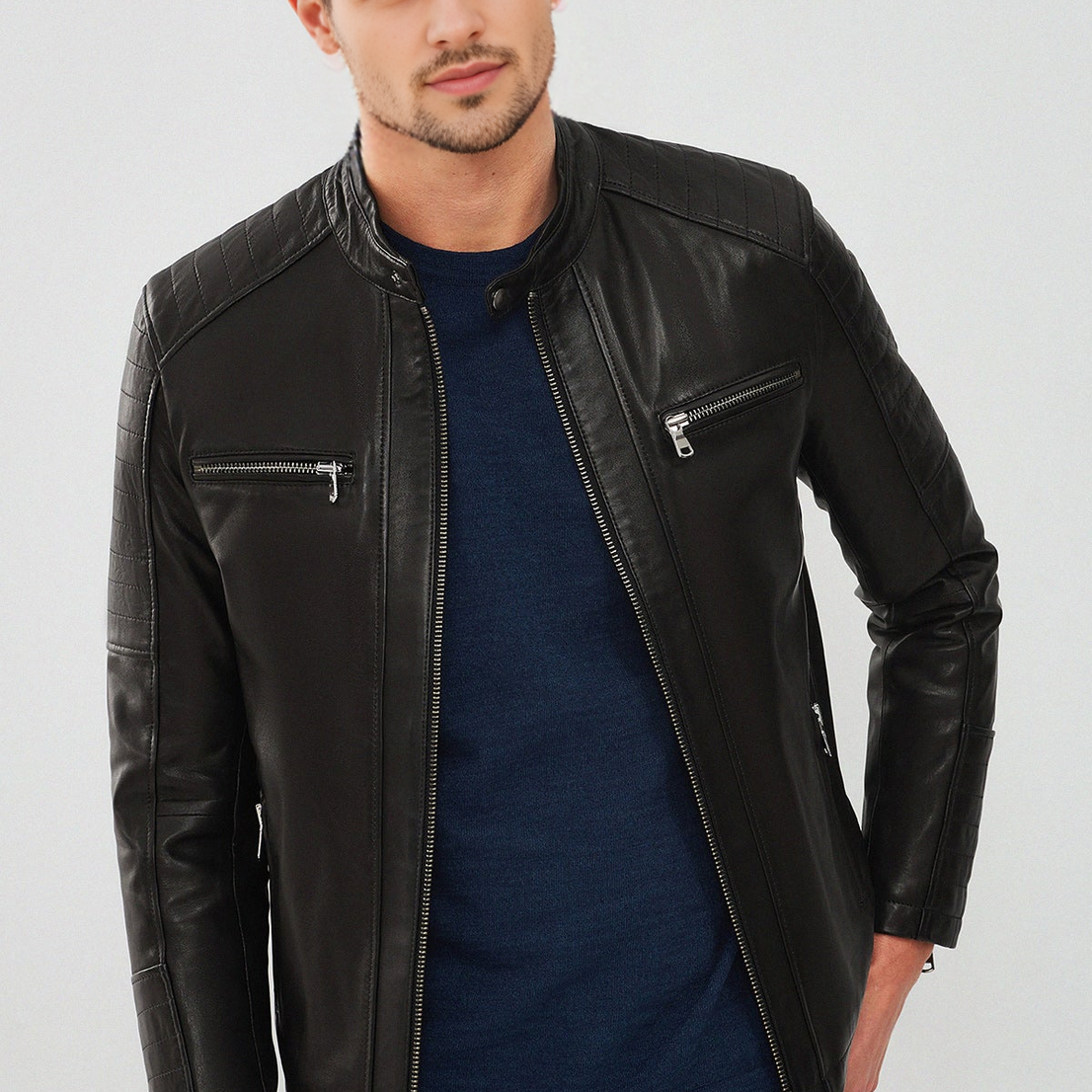 Black Sport Leather Jacket For Men