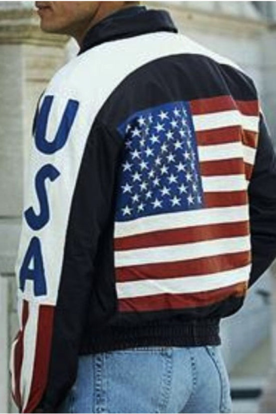 Bomber USA Flag Leather Jacket For Men