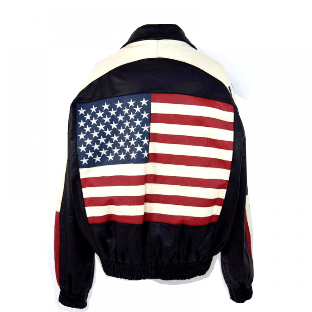 Bomber USA Flag Leather Jacket For Men
