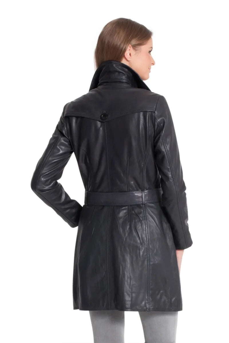 Betty Black Trench Leather Coat  For Women
