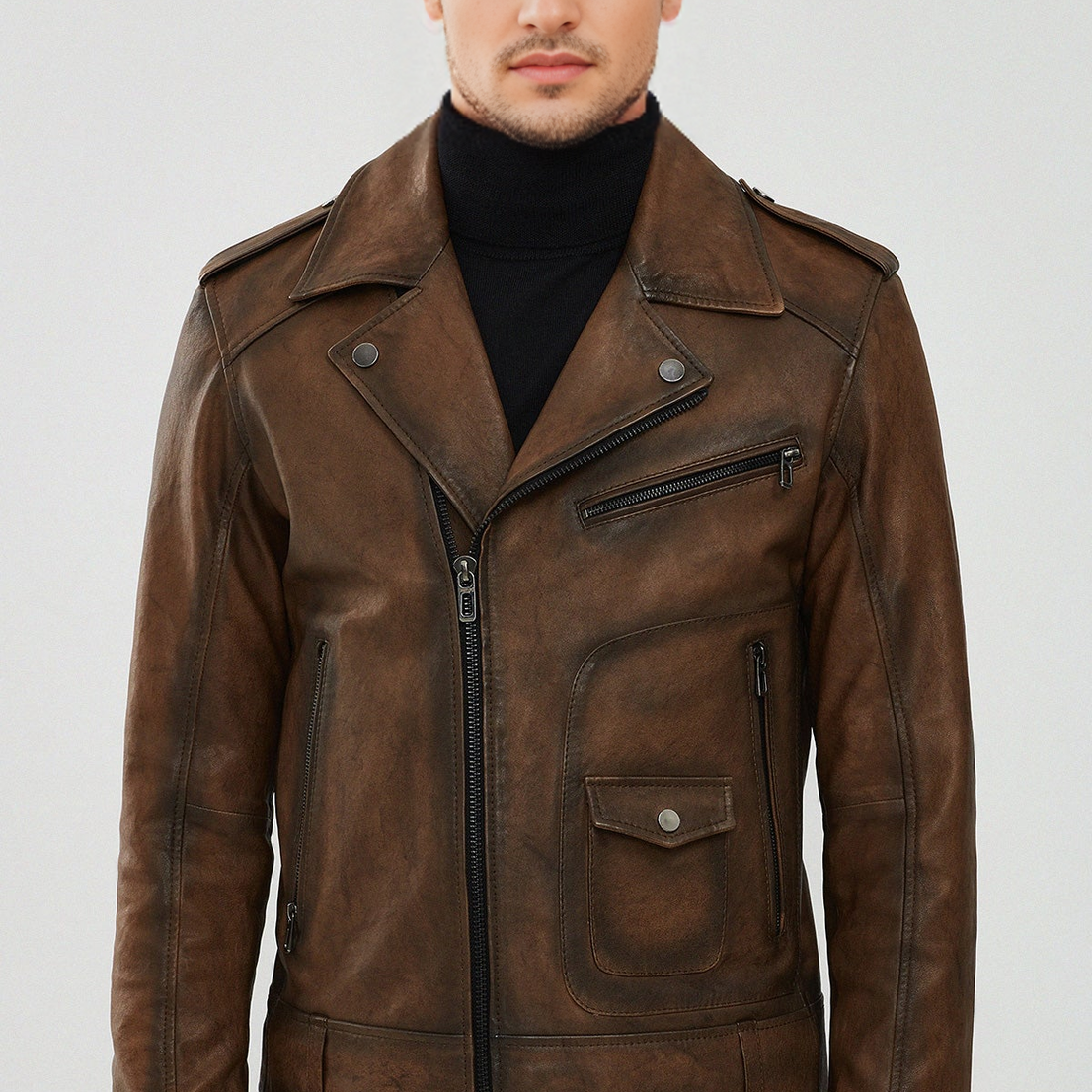 Brown Biker Leather Jacket For Men