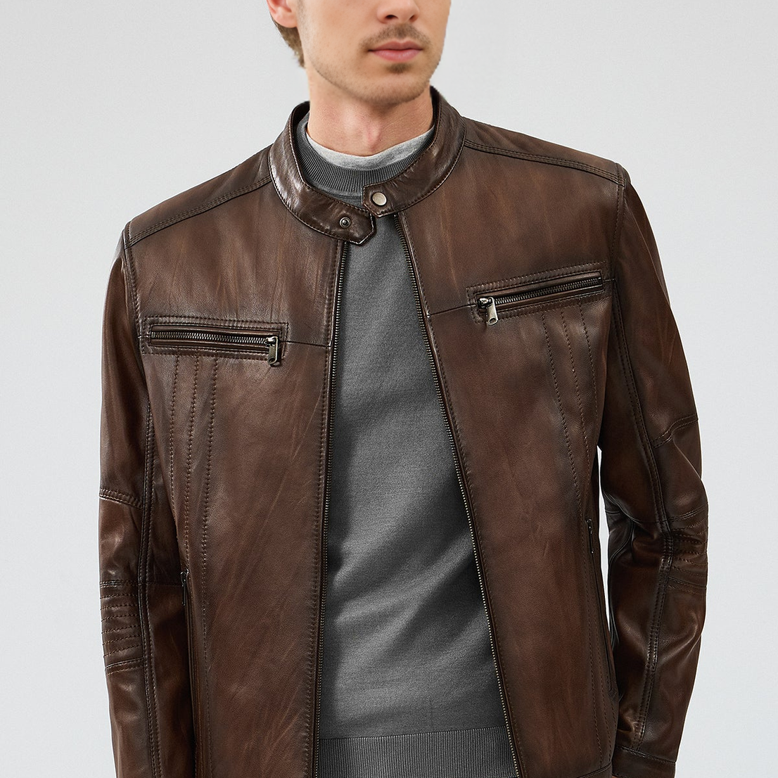 Brown Regular Leather Sport Jacket for Men
