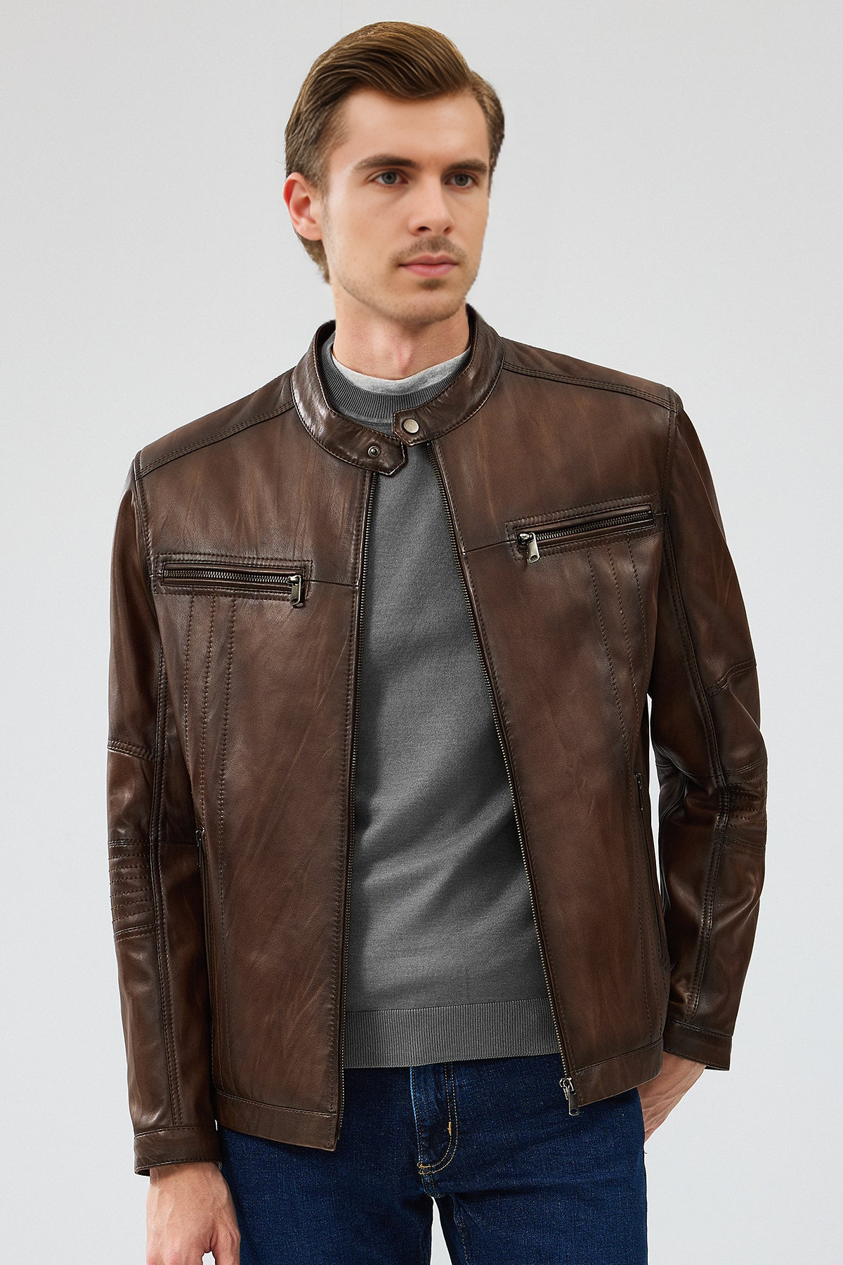 Brown Regular Leather Sport Jacket for Men