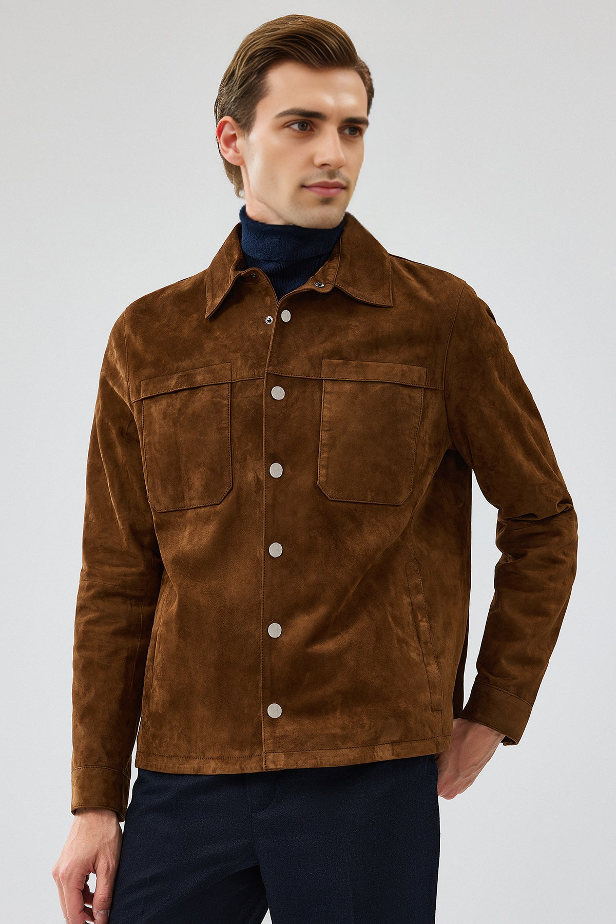 Brown Shirt Collar Suede Leather Coat For Men