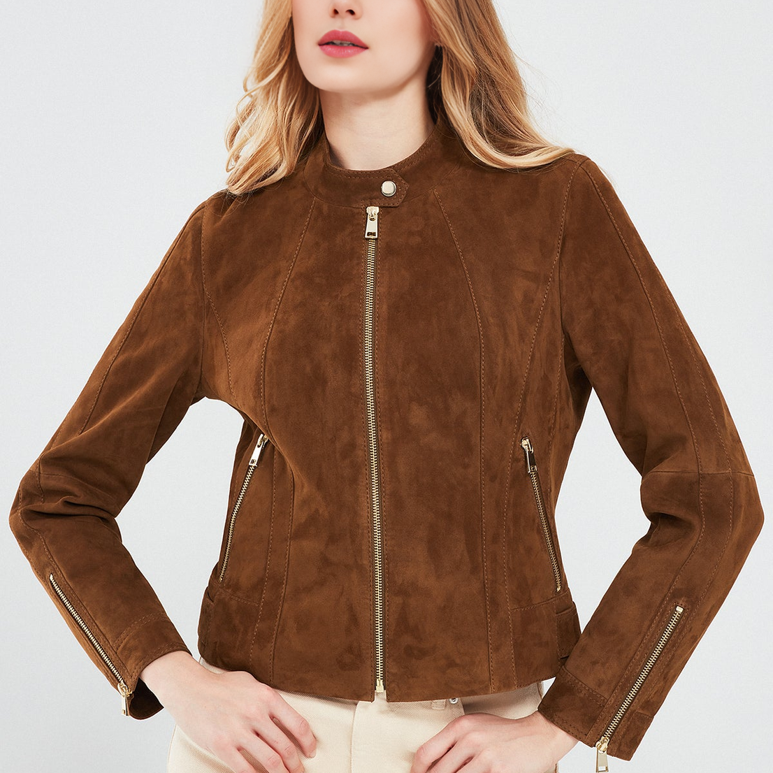 Brown Short Suede Leather Jacket For Women