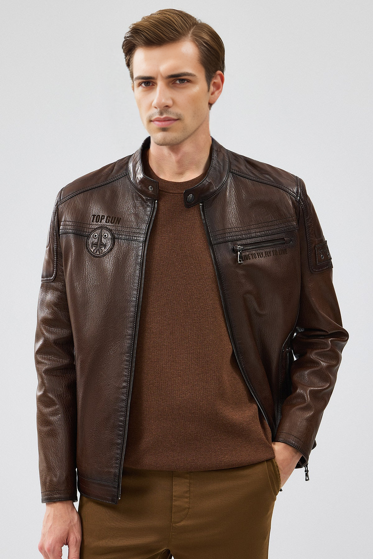 Brown Slim-Fit Leather Jacket with Emblem For Men