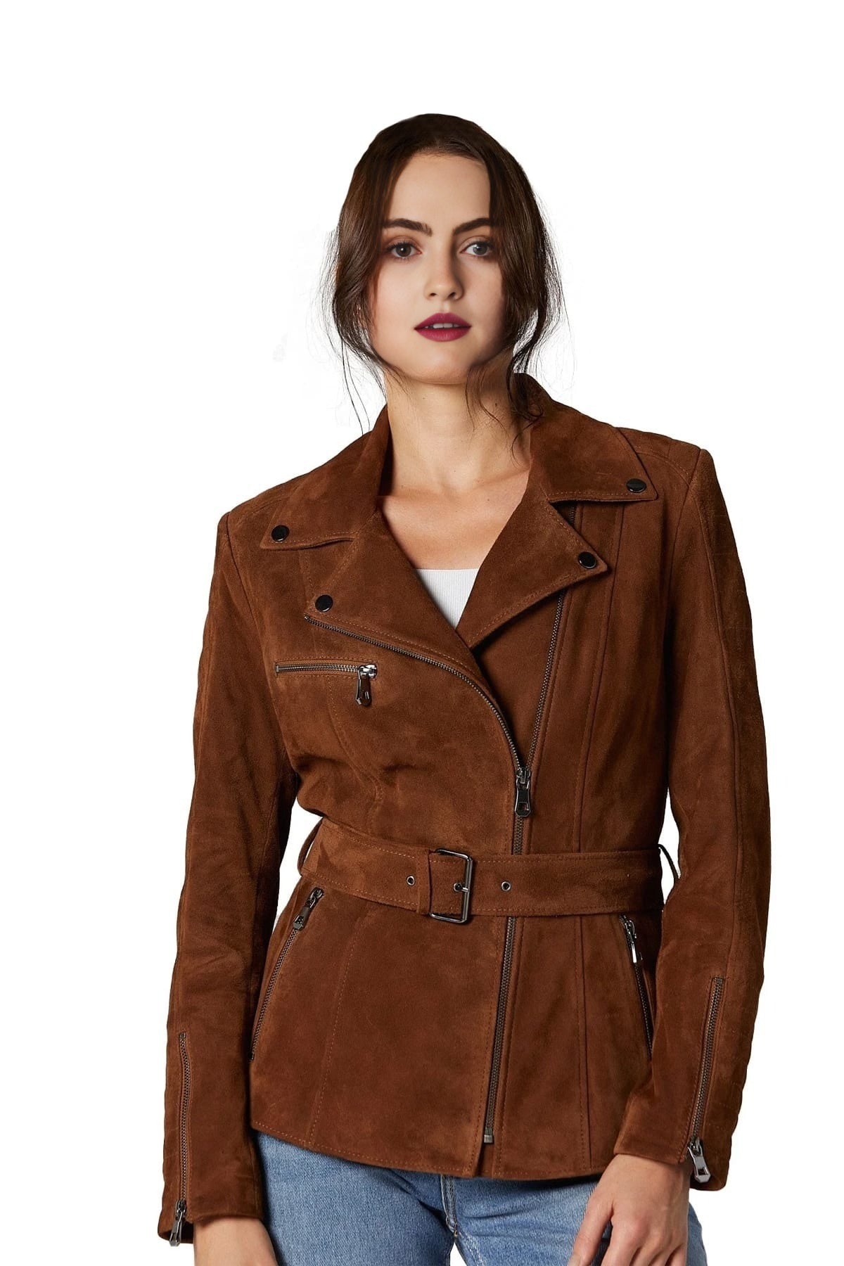 Lace Brown Suede Leather Jacket For Women