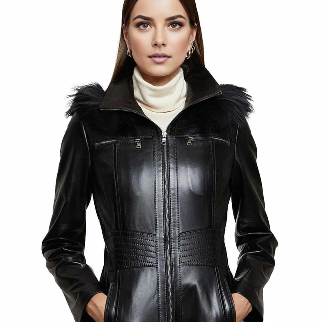 Cora Black Stylish Leather Coat With Fur Hood For Women