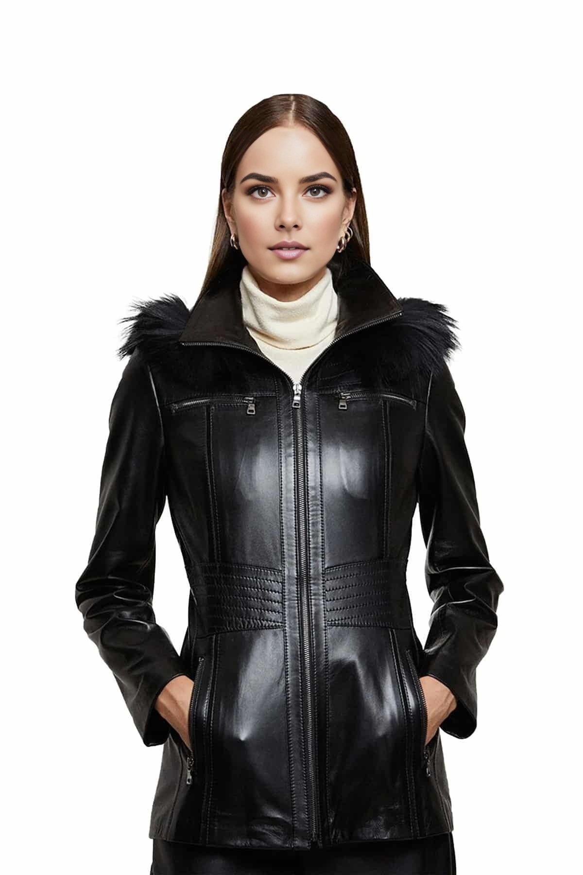 Cora Black Stylish Leather Coat With Fur Hood For Women