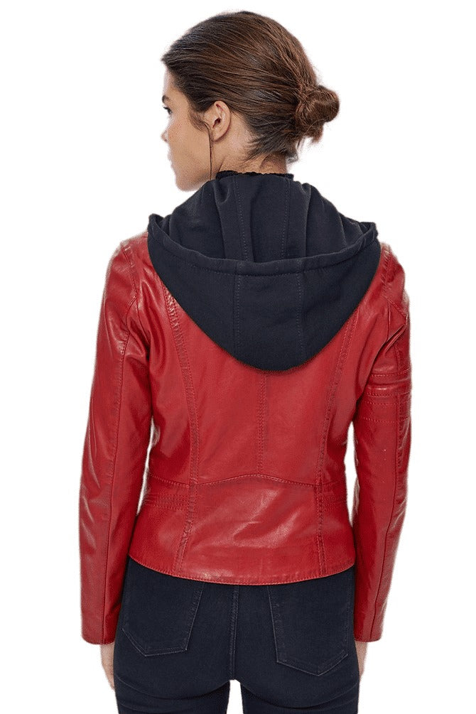 Sandra Red Leather Jacket With Hoodie For Women