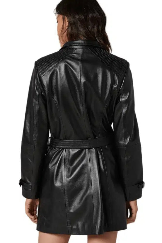 Andrea Black Trench Leather Coat For Women