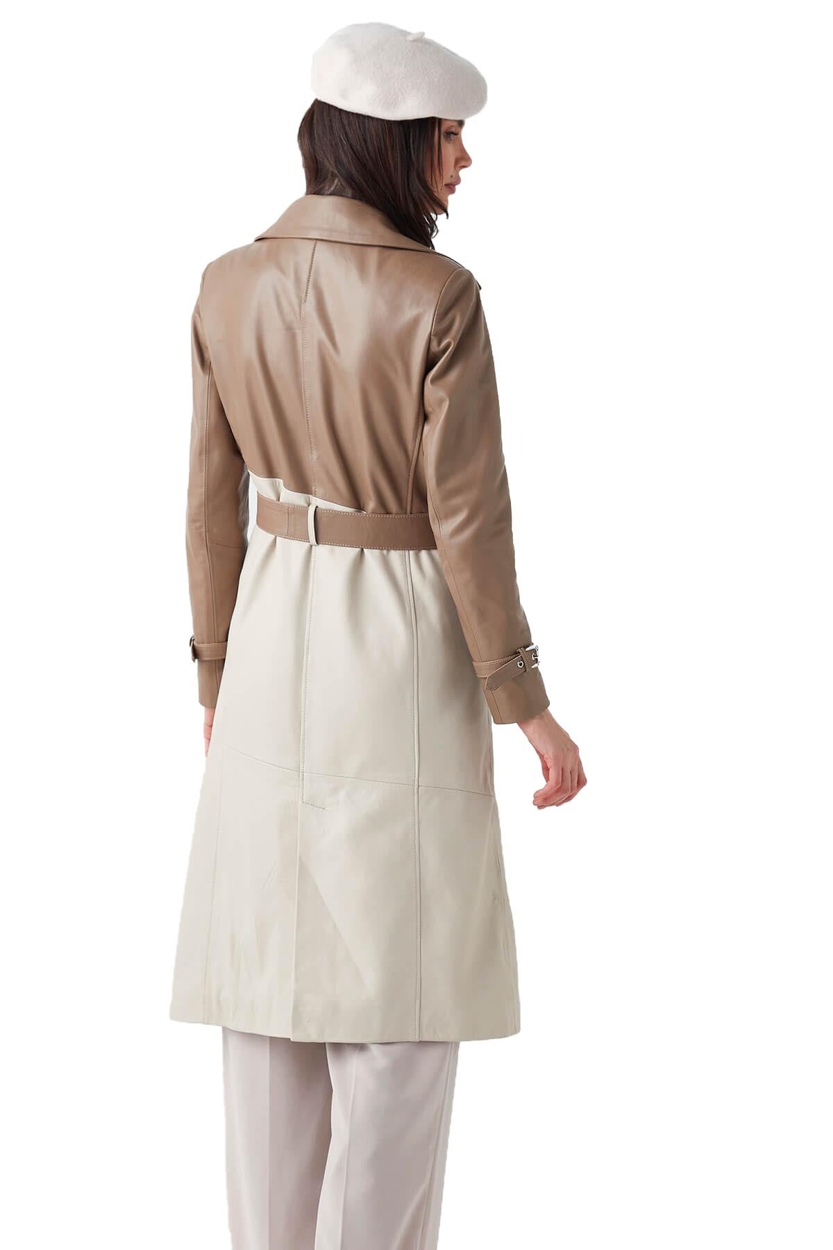 Athena Beige & Cappuccino Long Leather Coat For Women