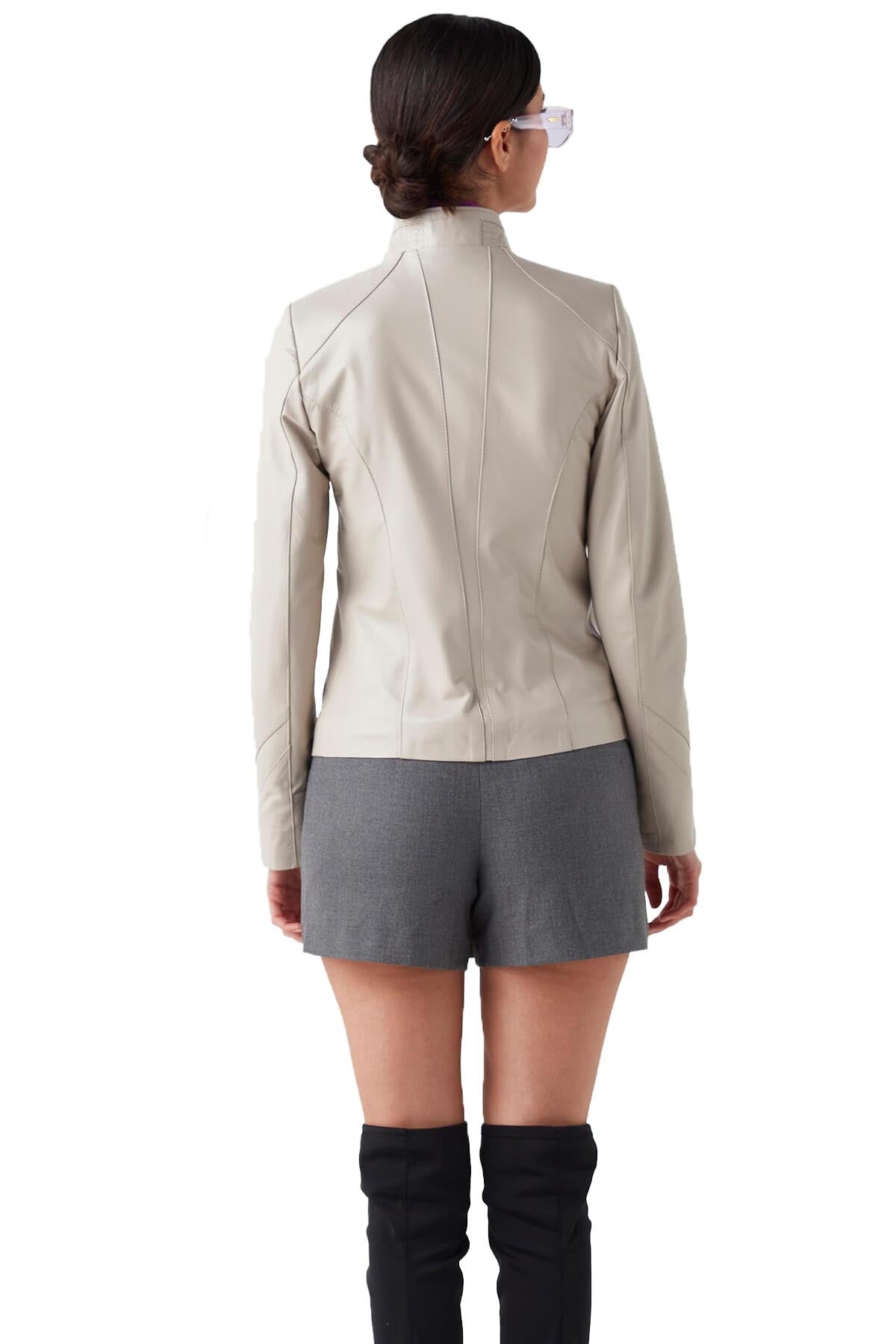 Emery Beige Biker Leather Jacket For Women