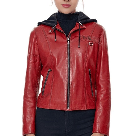 Sandra Red Leather Jacket With Hoodie For Women