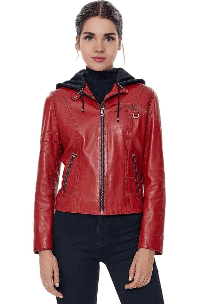 Sandra Red Leather Jacket With Hoodie For Women