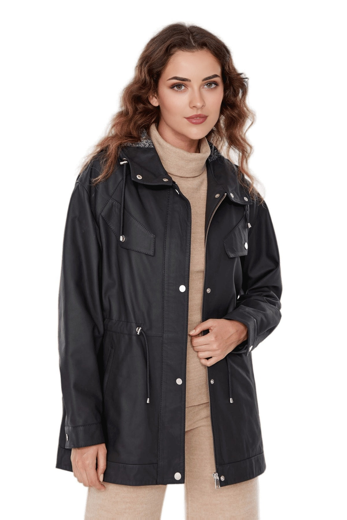 Teresa Black Leather Coat With Hoodie For Women