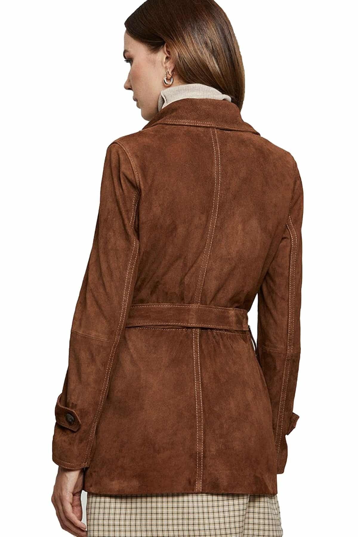 Mila Brown Suede Leather Coat For Women