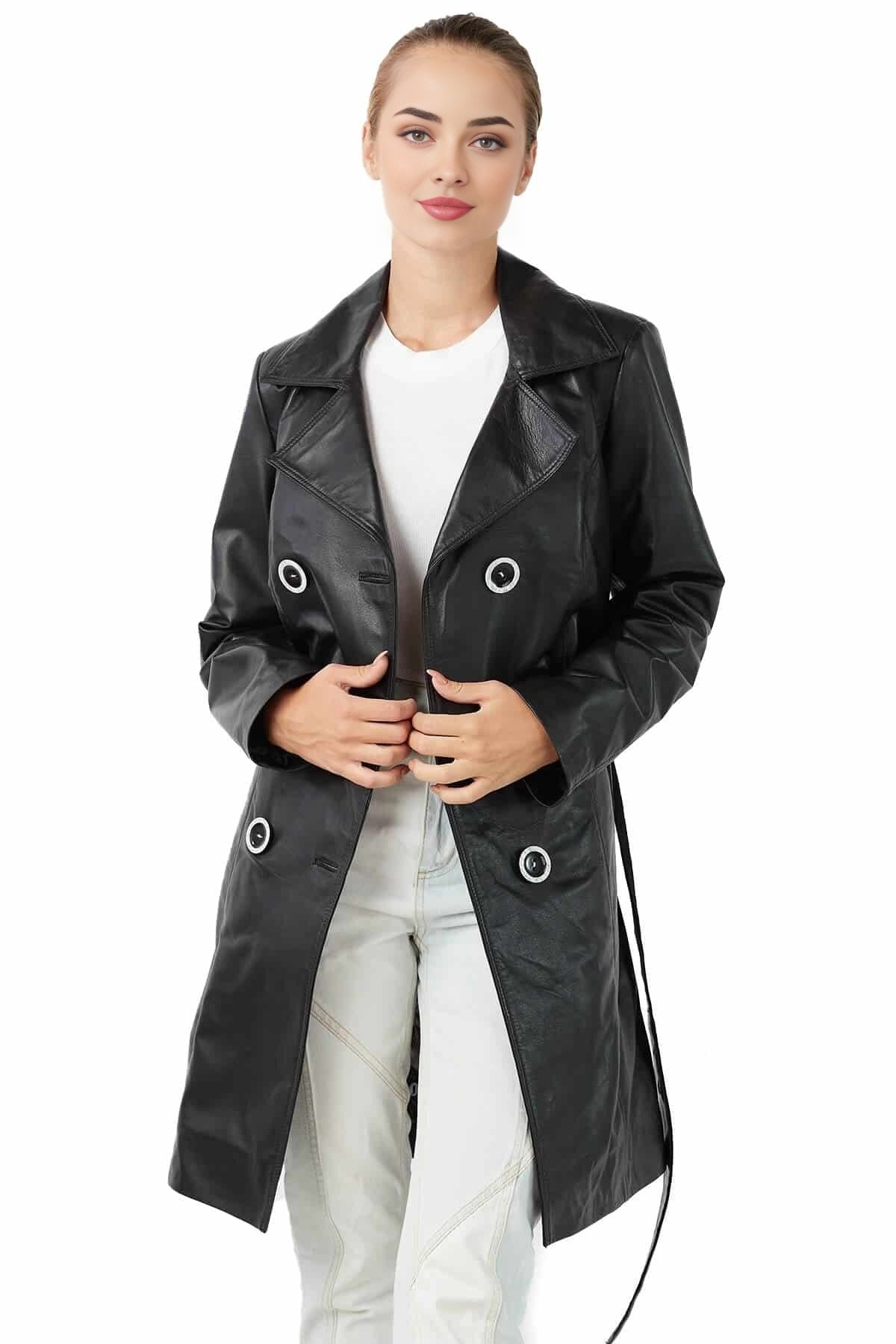 Eliza Black Leather Coat For Women