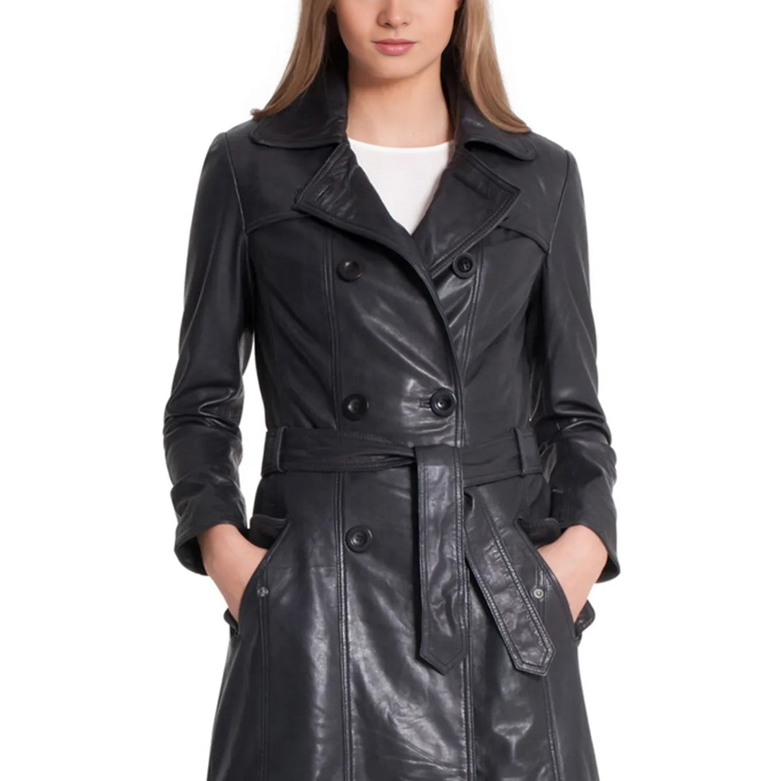 Betty Black Trench Leather Coat  For Women