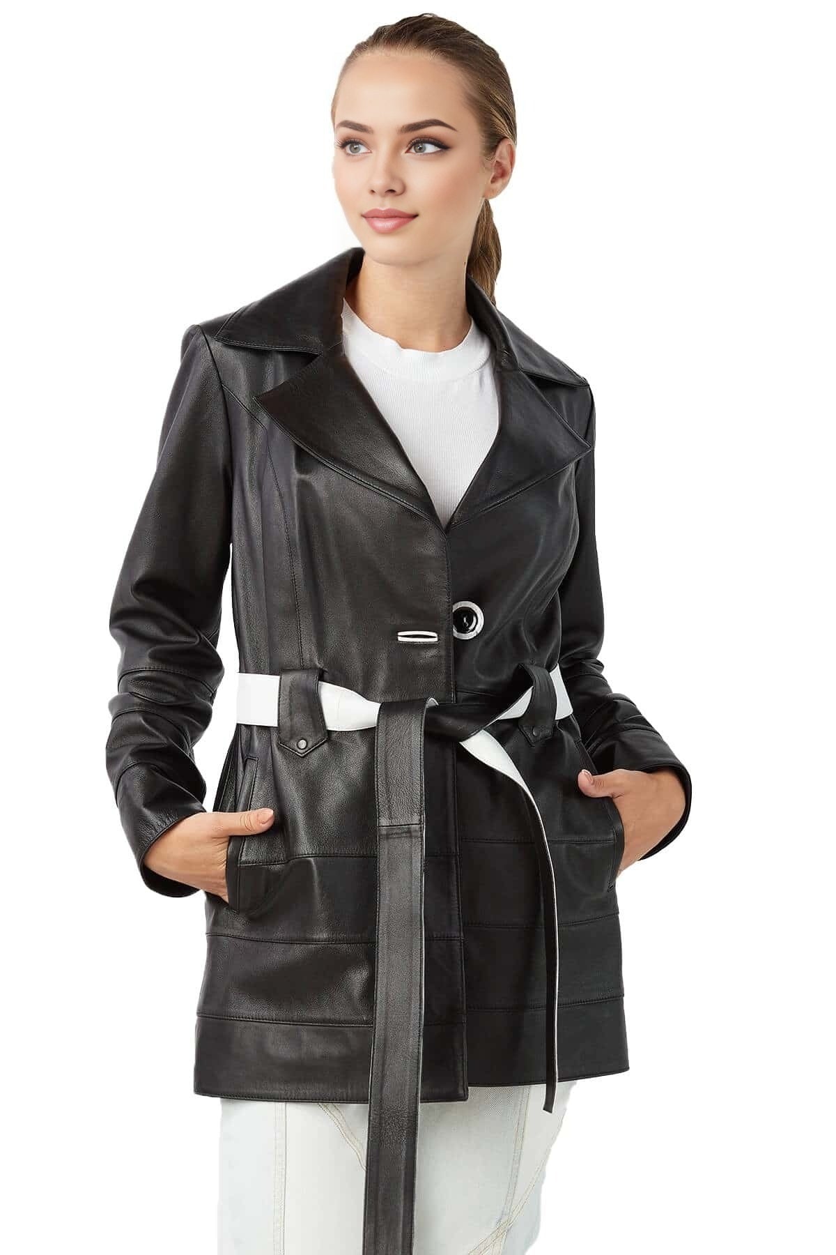 Gianna Black Trench Leather Coat For Women