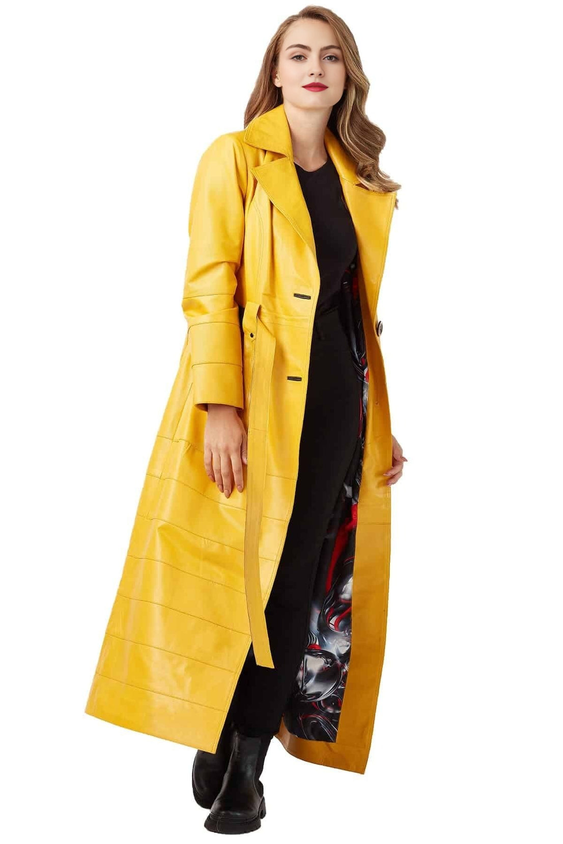 Madeline Yellow Long Leather Coat With Center Belted For Women
