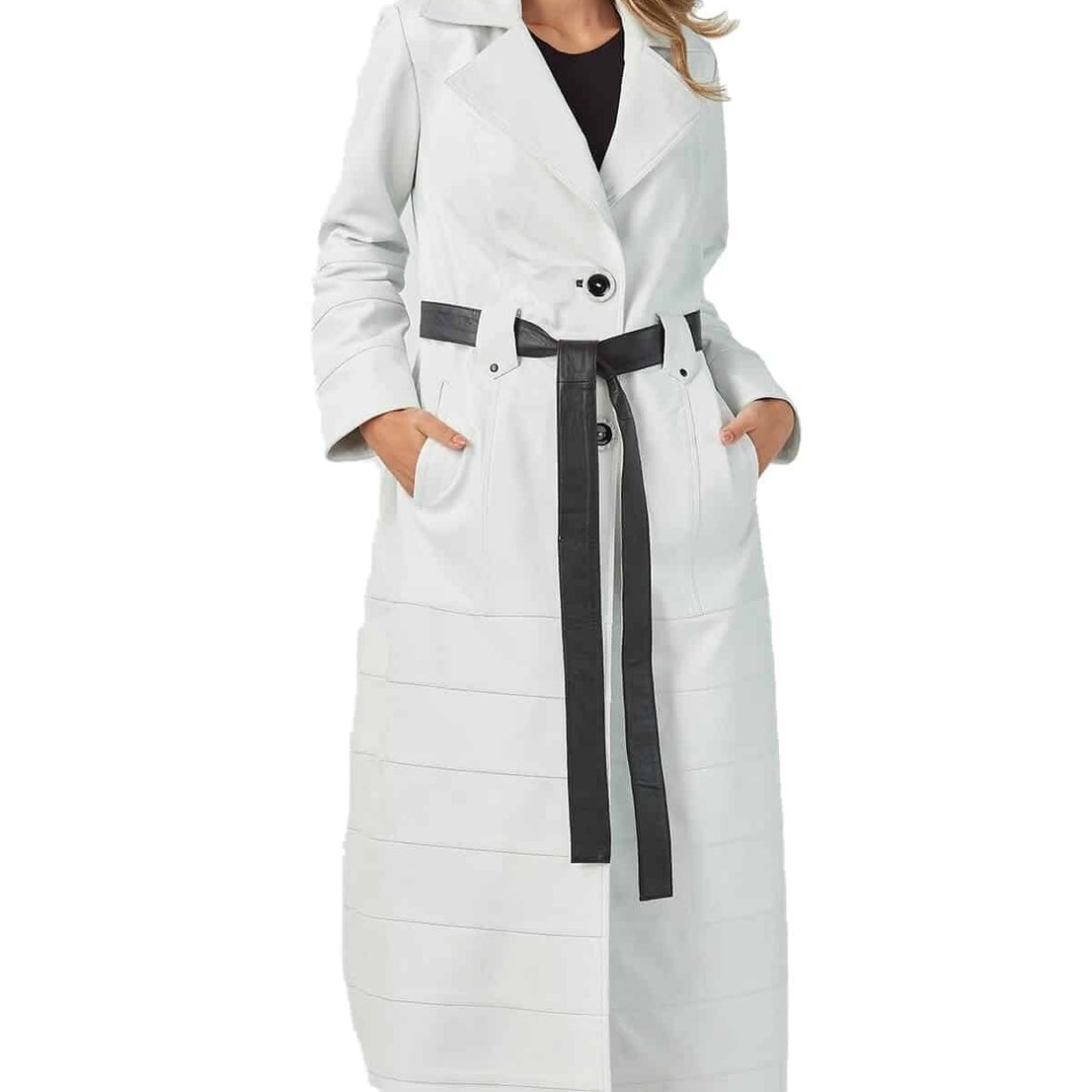 Maeve Long Leather Coat For Women With Center Belt Closure