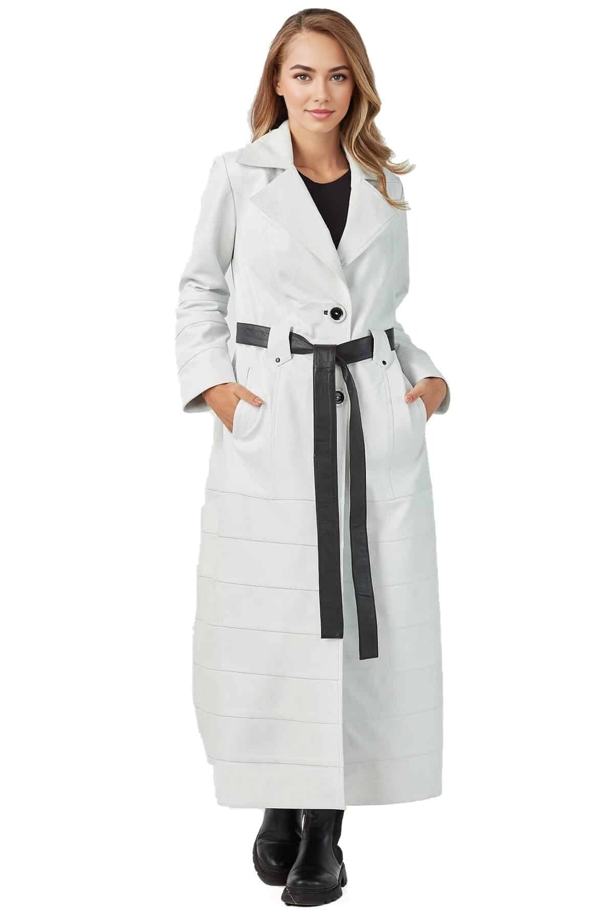 Maeve Long Leather Coat For Women With Center Belt Closure