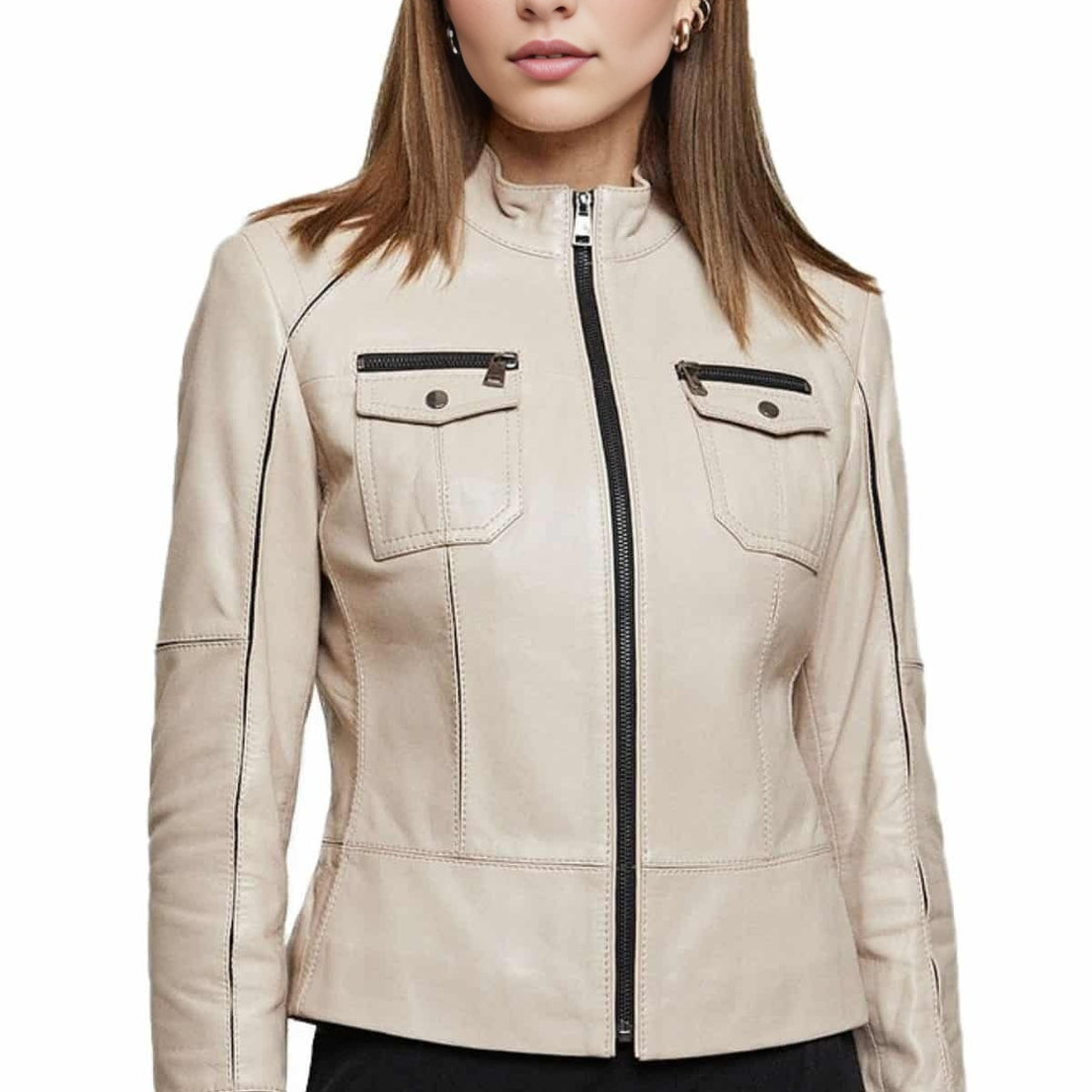 Meghan Beige Leather Jacket For Women