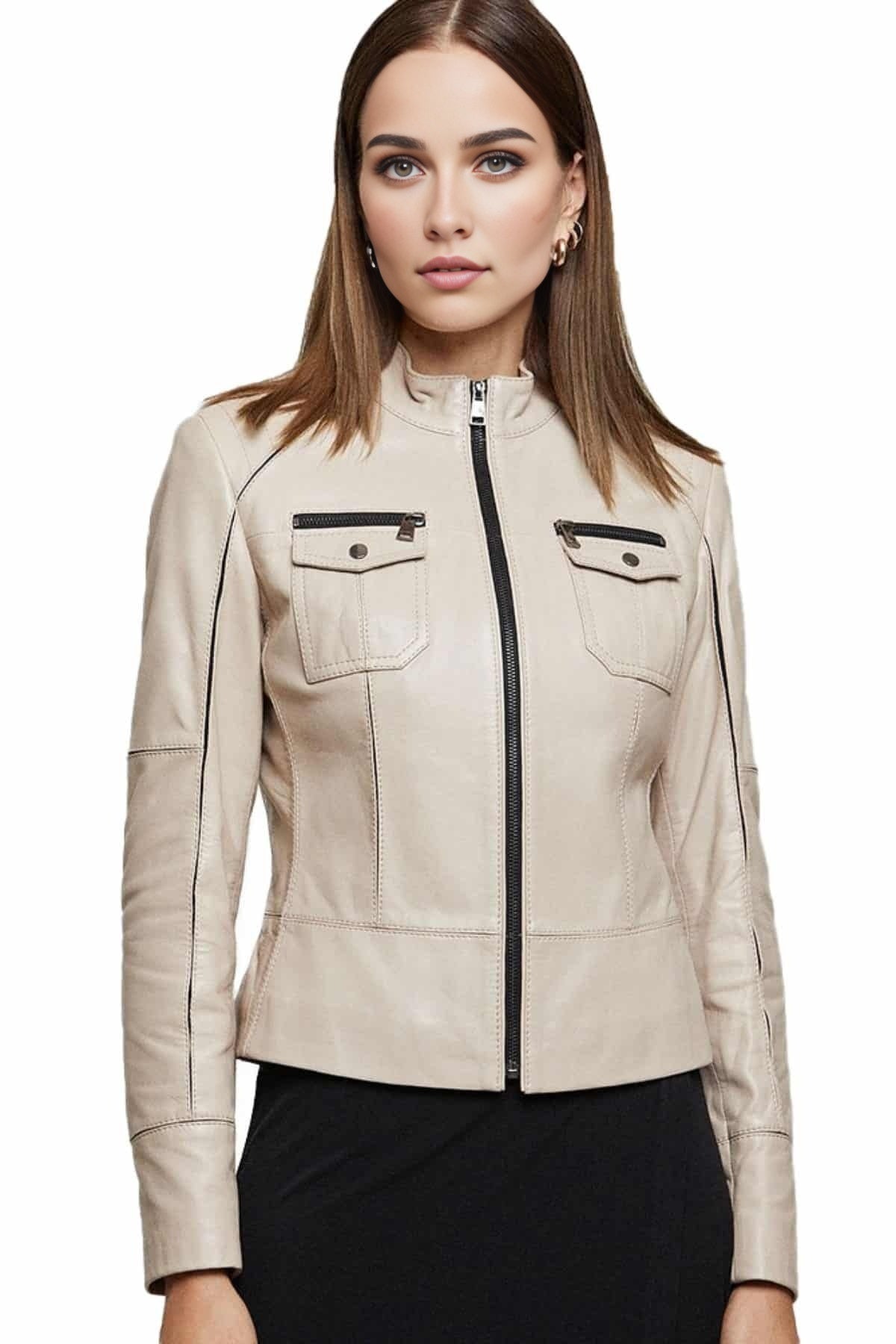 Meghan Beige Leather Jacket For Women