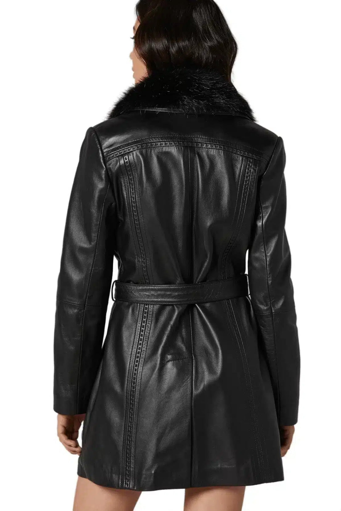 Christine Black Trench Leather Coat For Women