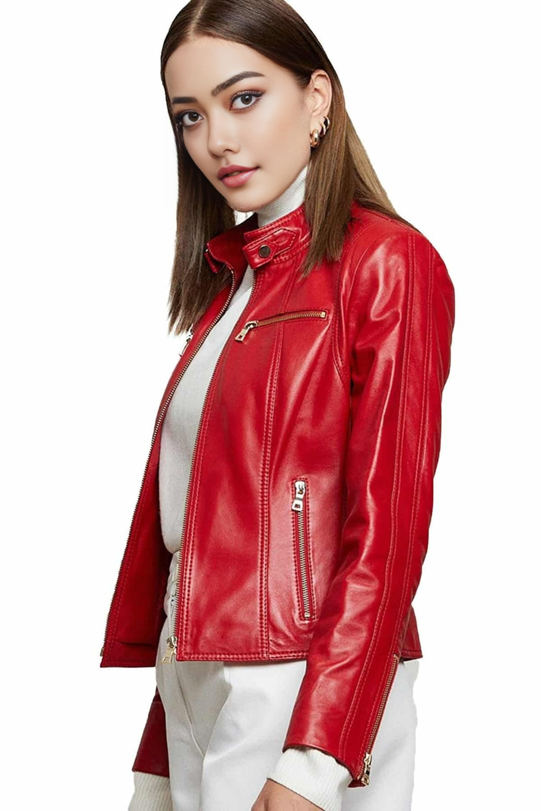 Mary Red Cafe Rider Leather Jacket For Women