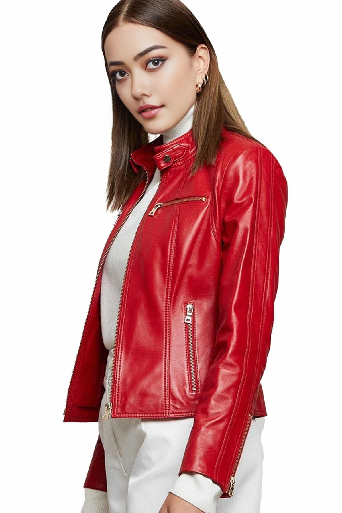 Mary Red Cafe Rider Leather Jacket For Women