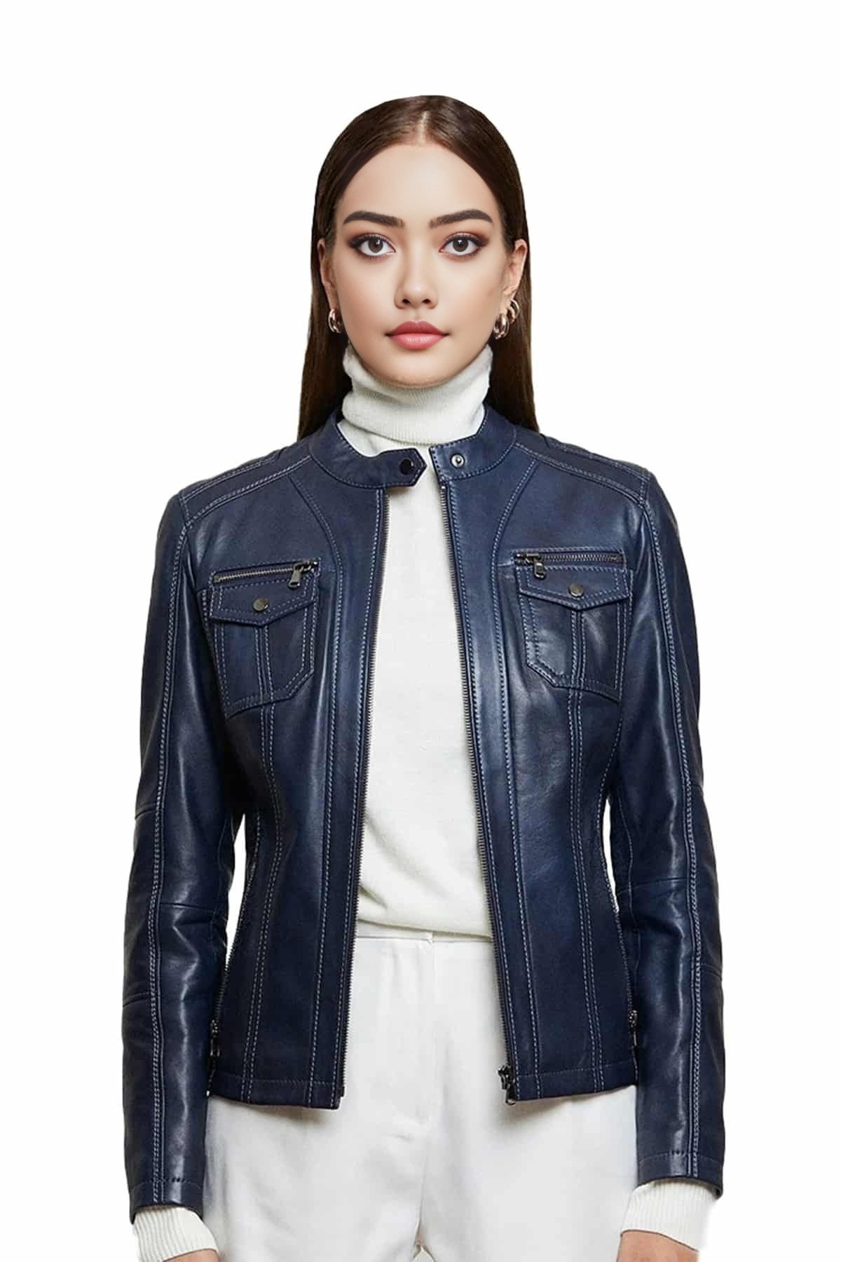 Aurora Blue Leather Jacket For Women