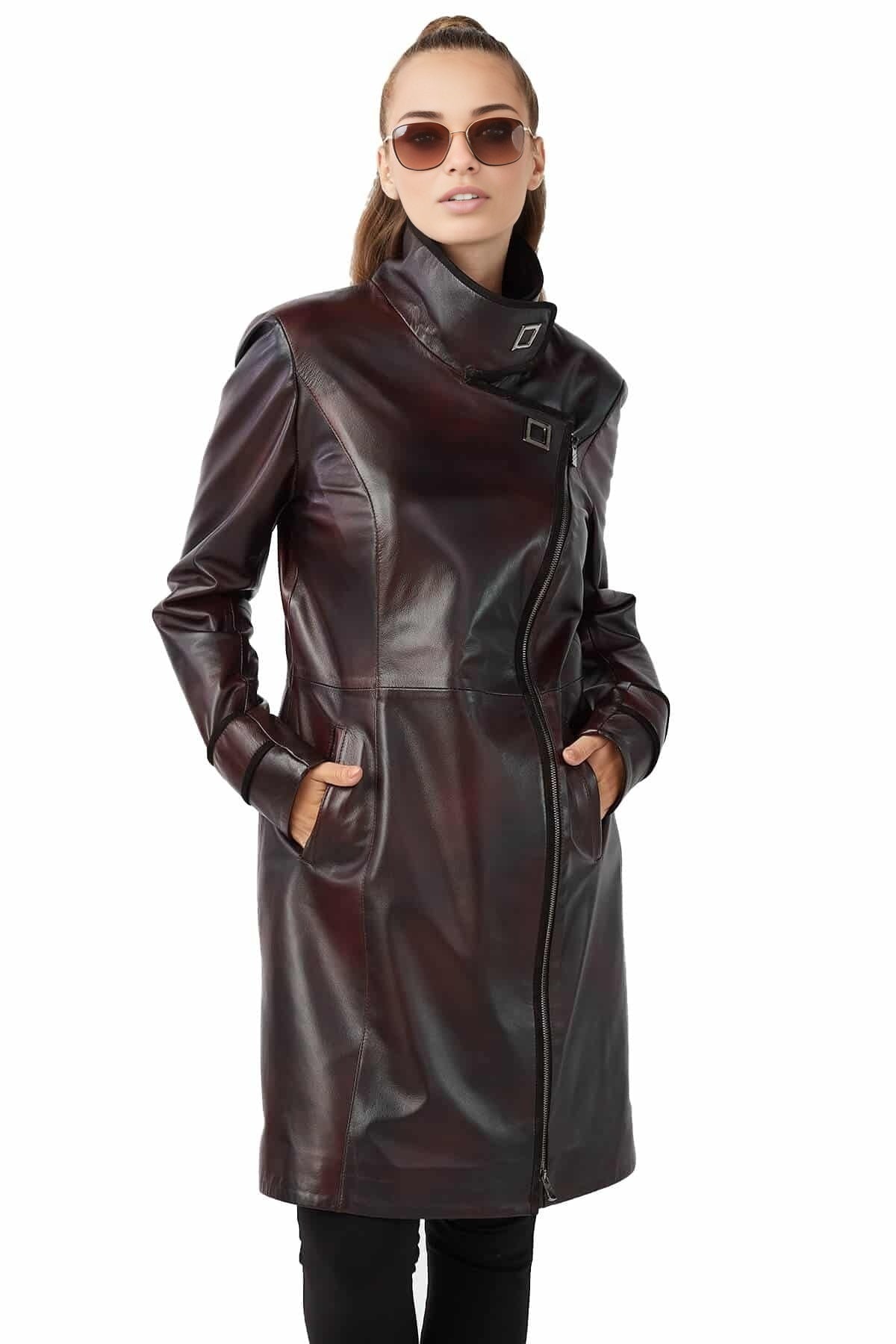 Alexis Dark Brown Waxed Leather Coat For Women