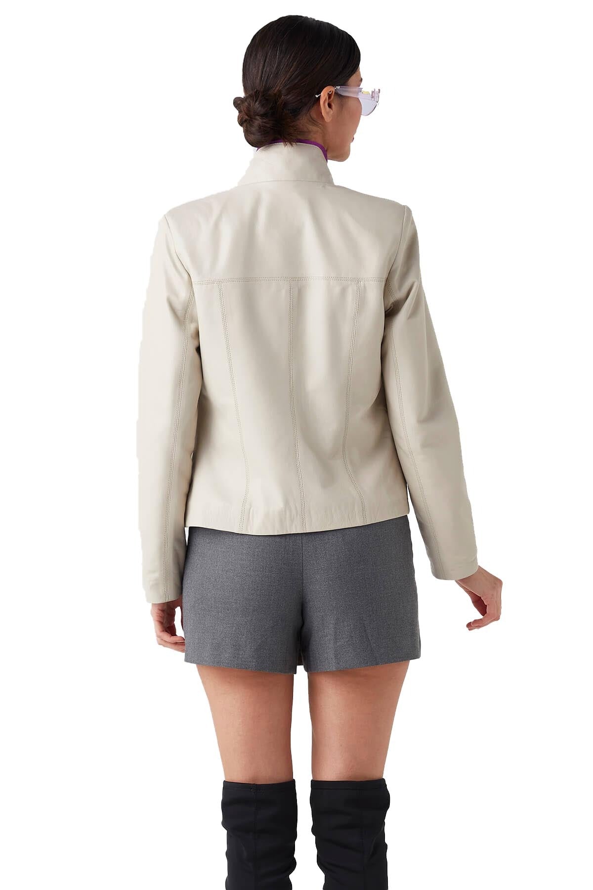 Caraline Beige Stylish Leather Jacket For Women