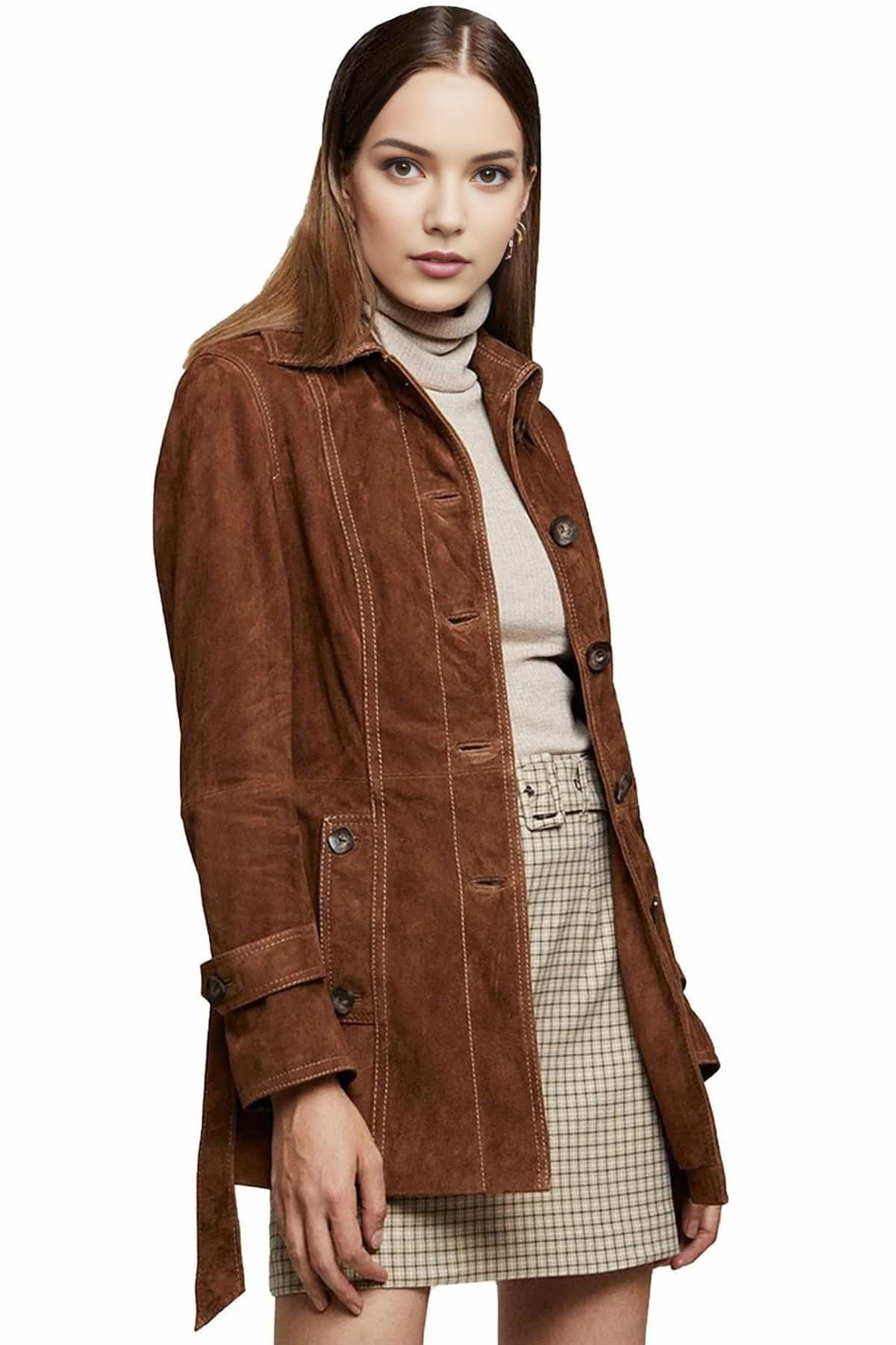 Mila Brown Suede Leather Coat For Women