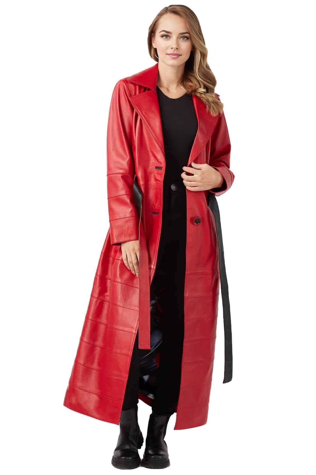 Kirsten Trench Red Long Leather Coat For Women