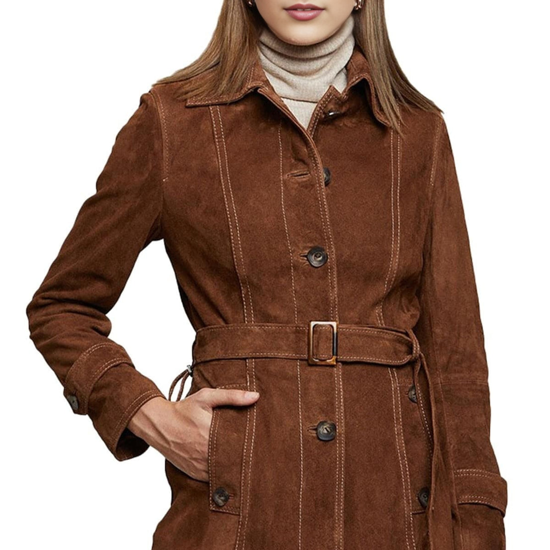 Mila Brown Suede Leather Coat For Women