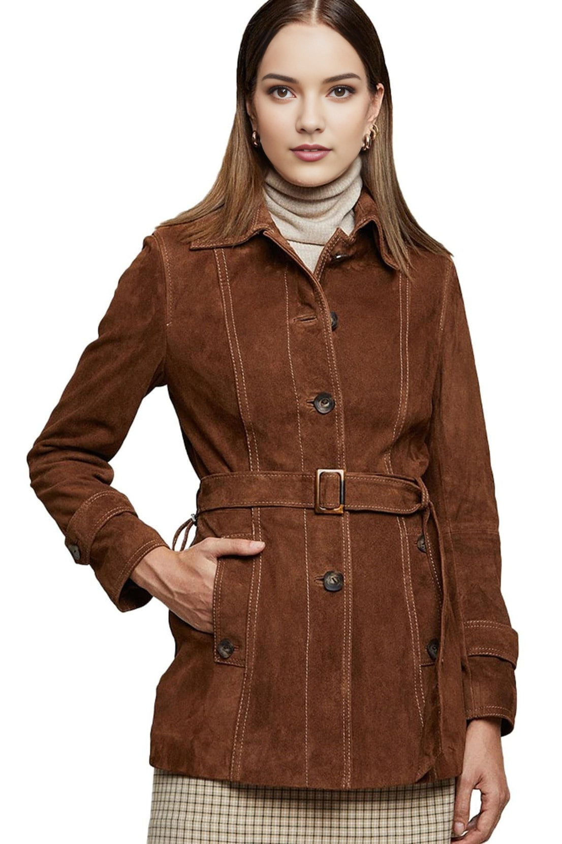 Mila Brown Suede Leather Coat For Women