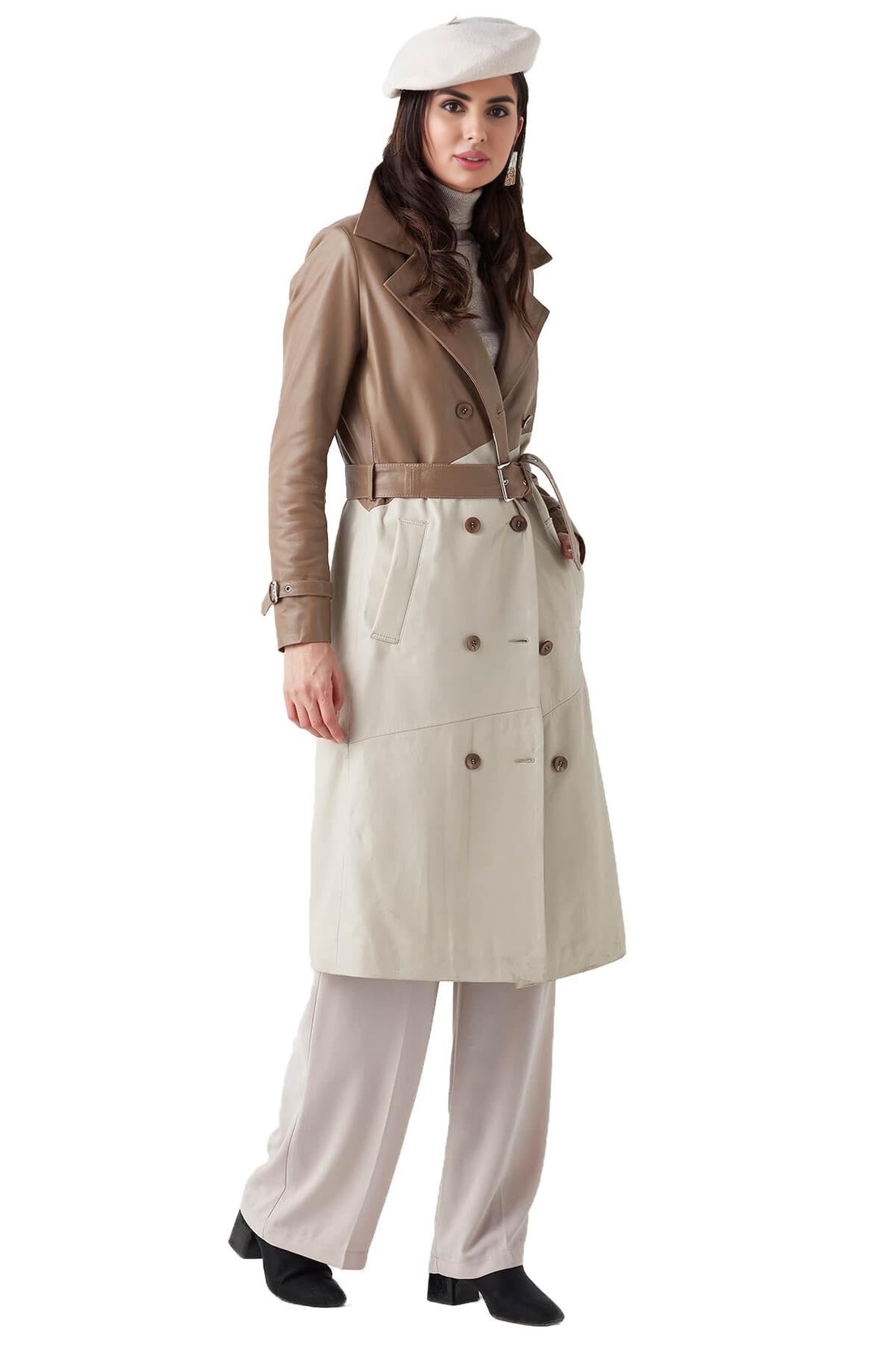 Athena Beige & Cappuccino Long Leather Coat For Women