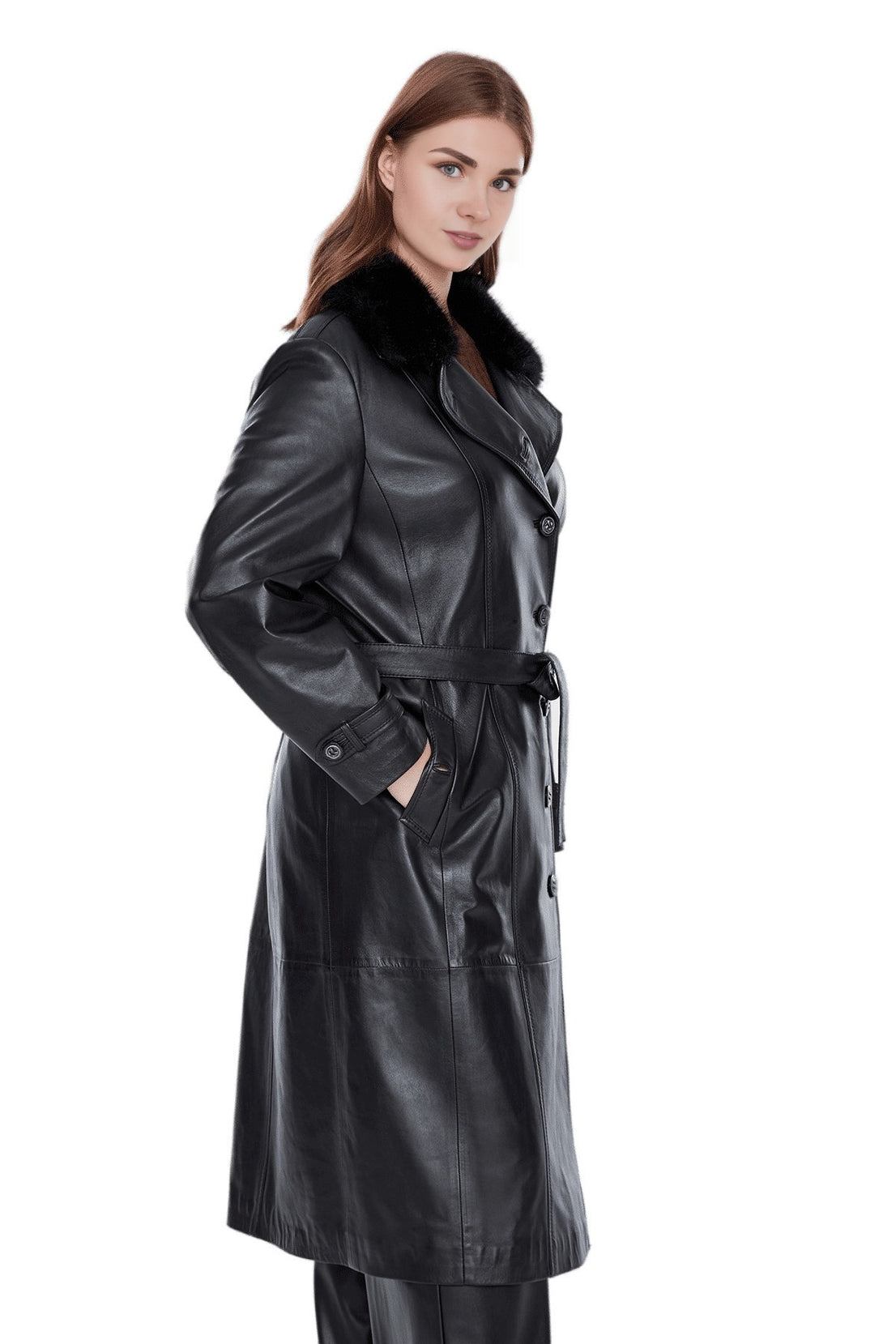 Hadley Black Trench Long Leather Coat For Women