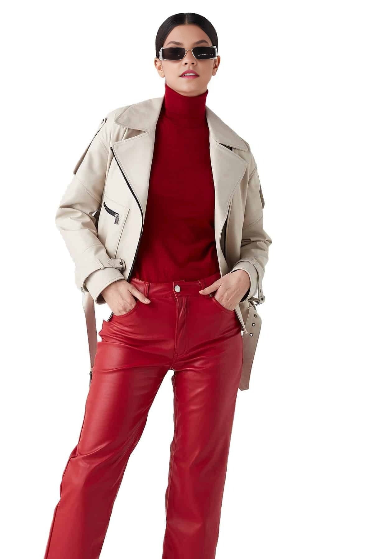 Oprah Beige Blazer Leather Coat For Women