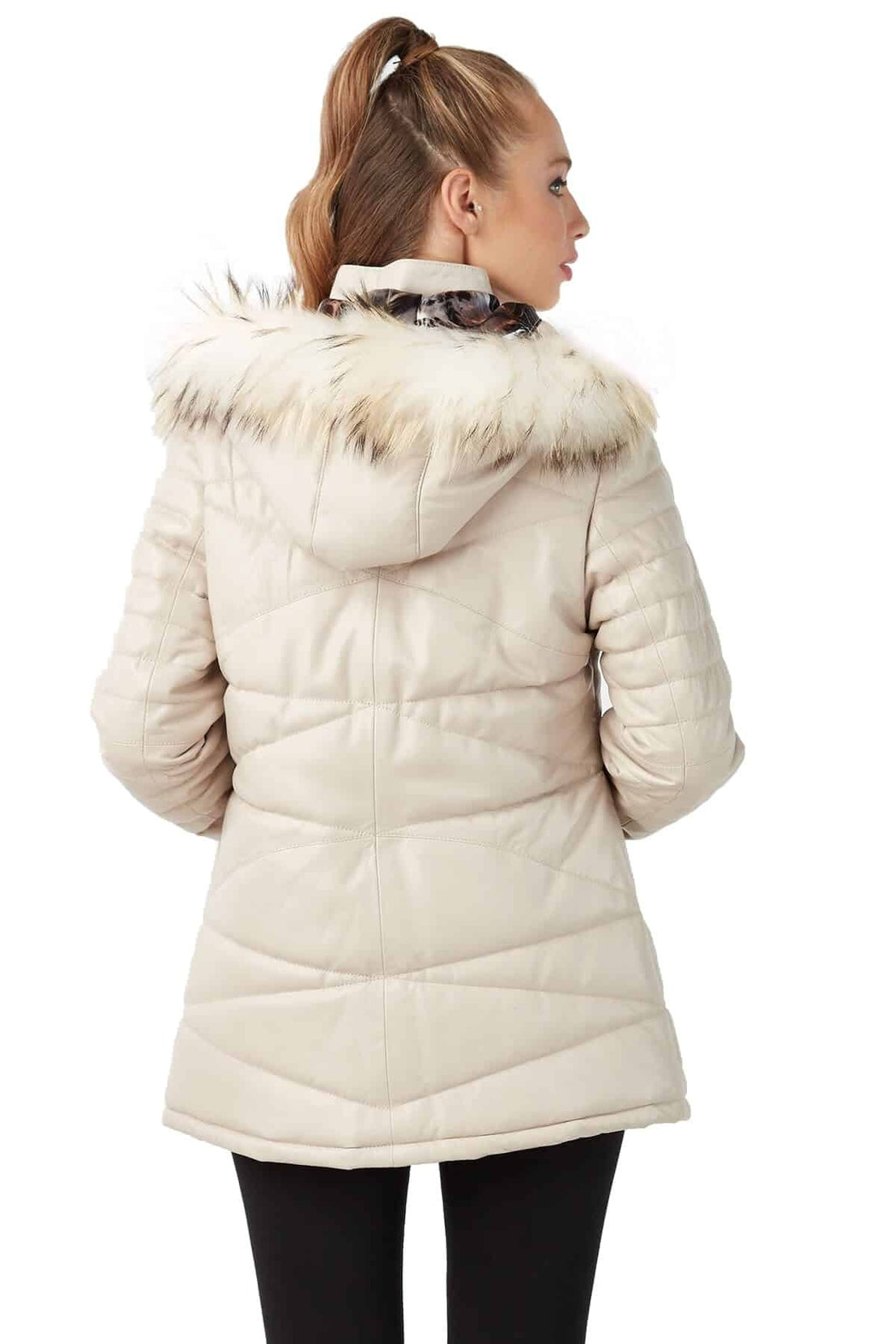 Gabriella Beige Fur Hoodie Leather Jacket For Women